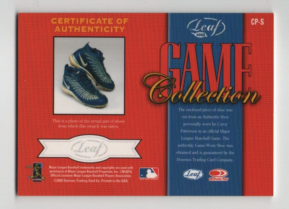 Tarjeta de béisbol 2002 Leaf Game Collection Cubs #CPS Corey Patterson Shoes SP/25 Foto 2 de 2