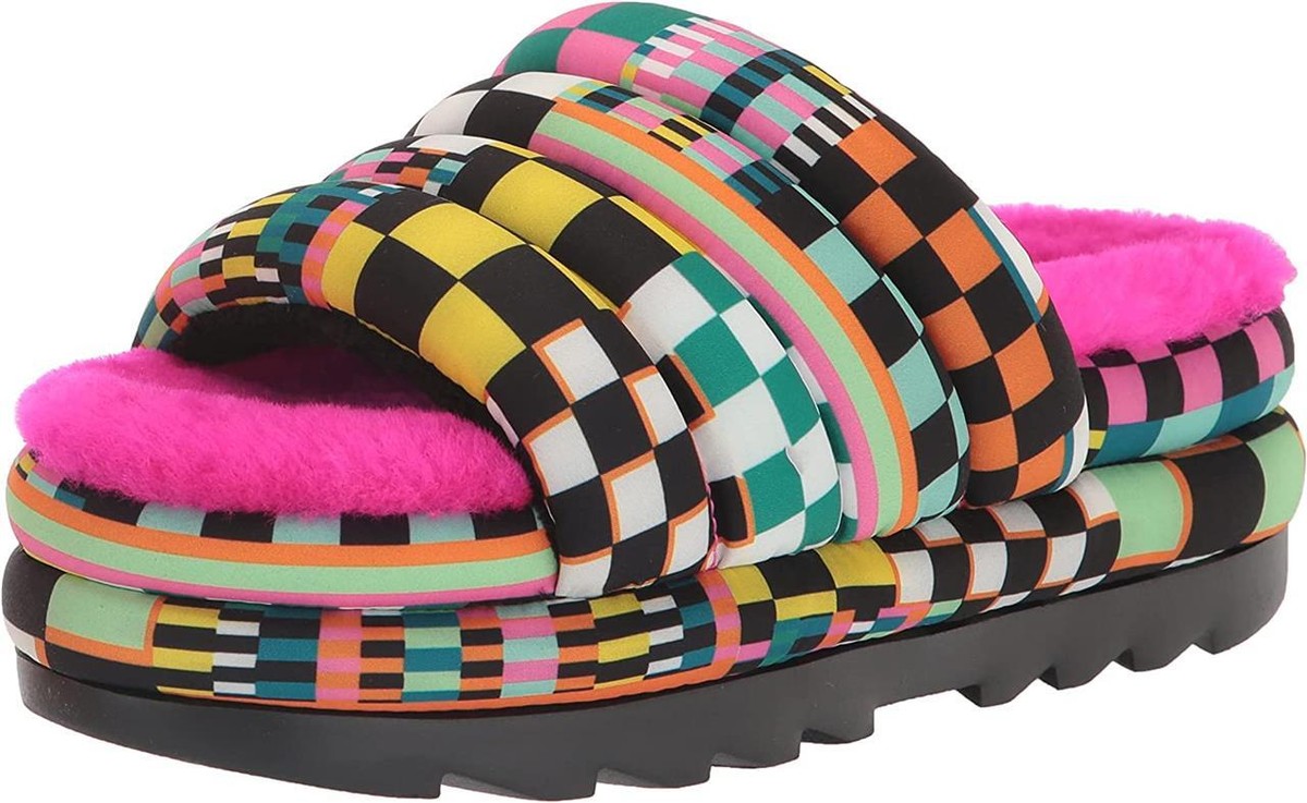 UGG Maxi Slide Colorful Checks Hot Pink Plush Real Fur Slip