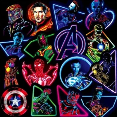 4 CLASSY GIFTS Marvel Superhero Stickers Neon BLK Avengers DC Spiderman Decal Pack Lot 30pc New