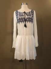 Boho Dress white & blue long sleeve, above the knee size 6