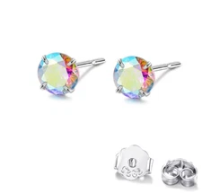 S925 Sterling Silver Tiny AB Crystal Round Girl Women Stud Post Earrings 2-8mm
