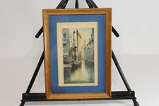 Vintage Water Color Painting Italy Canal Water Boat Buildings Signed L. RIZZI