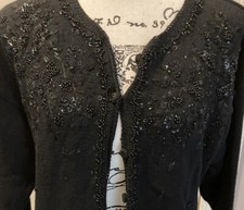 Vintage Black Beaded Sequined Dressy Cardigan Sweater Size M