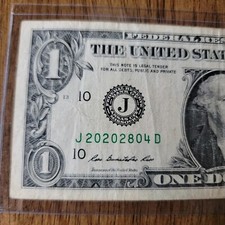 2020 April 28 : J20202804D $1 One Dollar Bill Fancy Serial Number Birthday Note