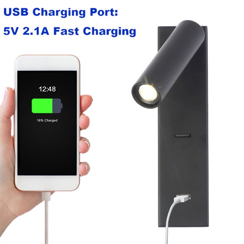 3W LED Bedside Reading Light Fixture Wall Lamp USB Charging Port Switch Bedroom - Picture 15 of 22
