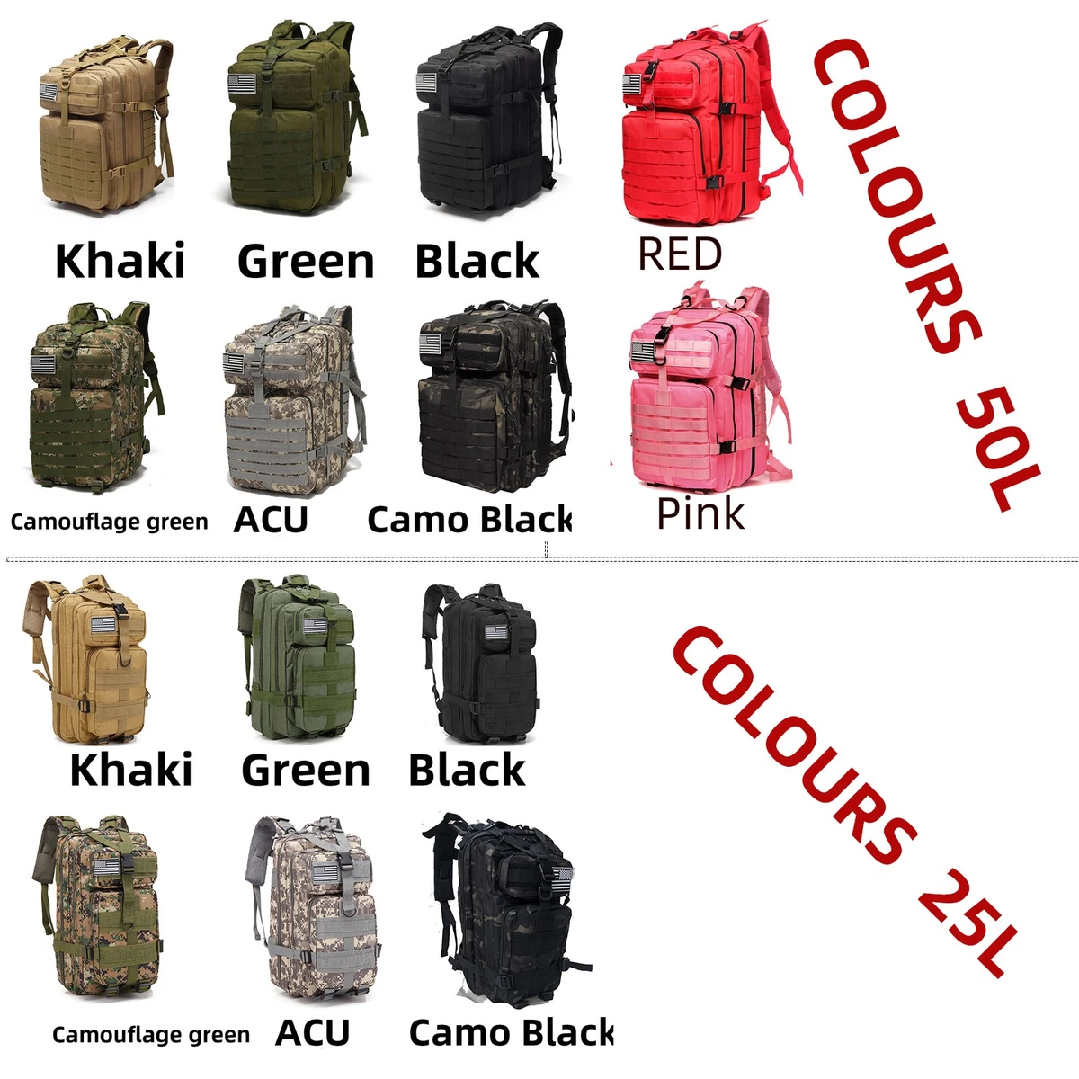 25L/50L Nylon Waterproof Trekking Fishing Hunting Bag Backpack Outdoor  Military