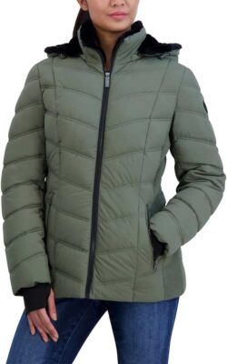 Nautica Women's Stretch Puffer Detachable Hood Fleece Pockets