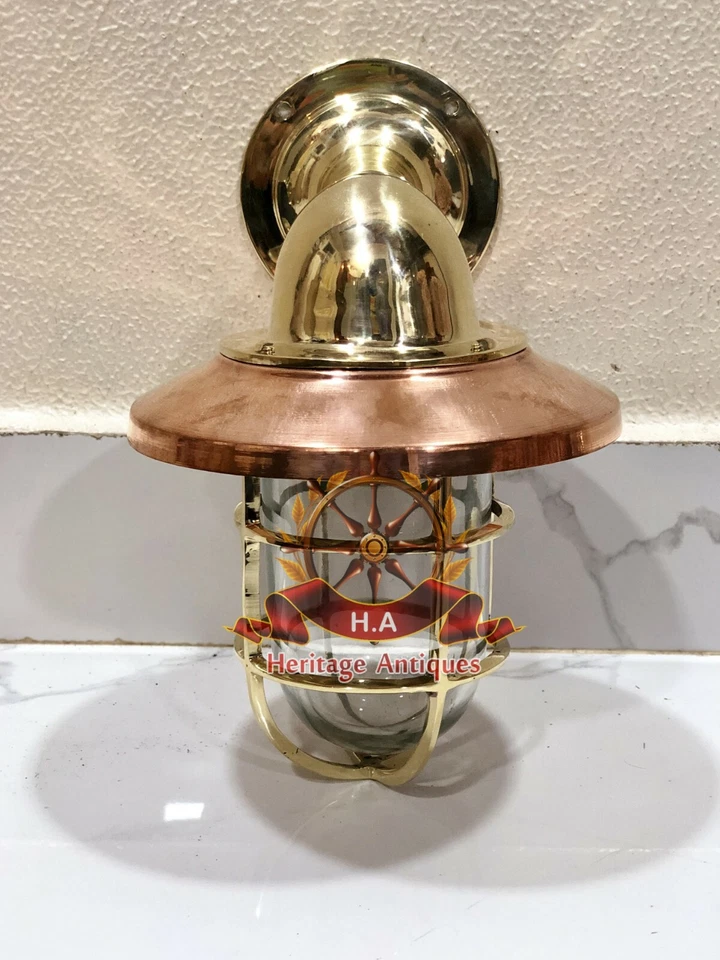 MARINE ARCHED BULKHEAD BRASS WALL SCONCE SHIP LIGHT WITH COPPER SHADE - Image 3 of 4