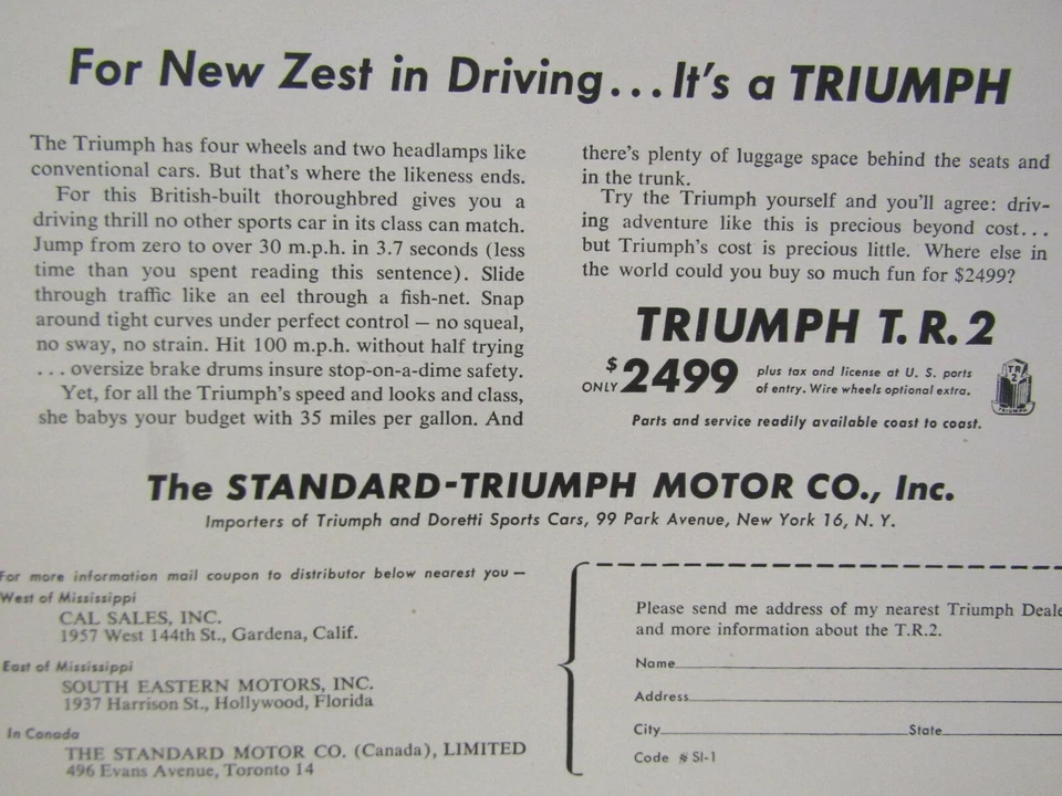 1955 Triumph TR 2 Vintage For The New Zest In Driving Original Print Ad 8.5x11" - Image 4 of 4