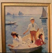 Stampa incorniciata vintage 'Calm Morning', Frank Weston Benson, spiaggia pesca bambini