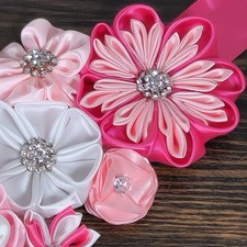 Pink White Satin Flower Maternity Sash Rhinestone Pearl Baby Shower Belt Sash