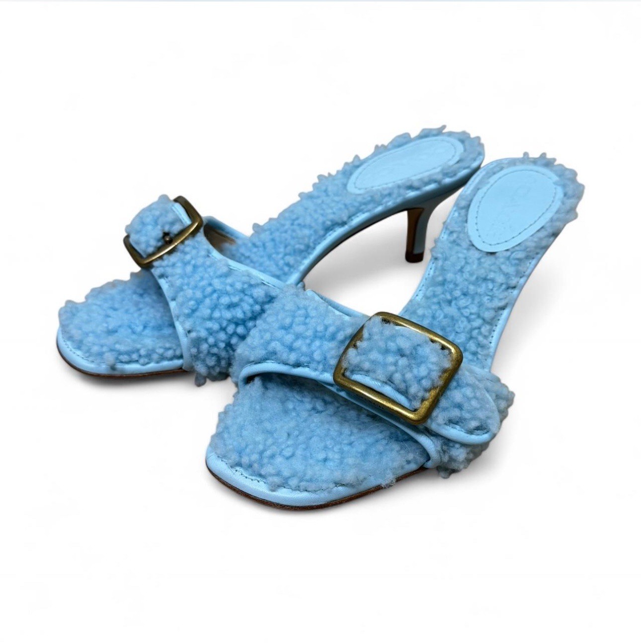 Coach Baby Blue Shearling Sherpa Kitten Heels Brass Buckle US 6.5