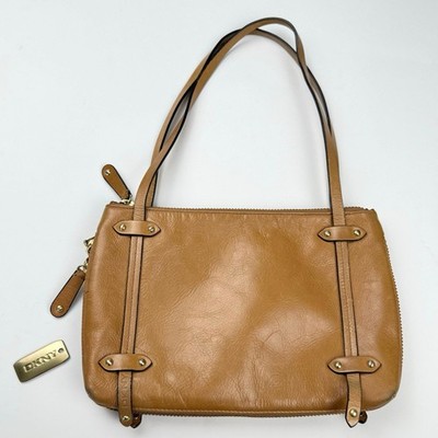 DKNY brown leather shoulder bag small zip top minimalist Y2K purse