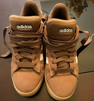 adidas Grand Court Alpha Brown White Mid Top Cloudfoam Athletic Sneakers