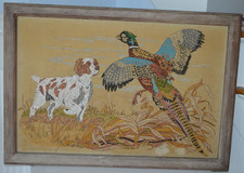 VINTAGE RUSTIC HUNTING PAINTING ON VELVET HUNTING DOG  PHEASANT WOOD FRAME MCM