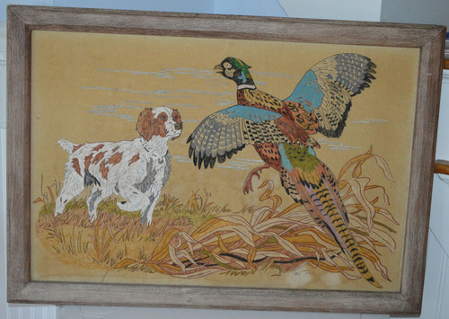VINTAGE RUSTIC HUNTING PAINTING ON VELVET HUNTING DOG & PHEASANT WOOD FRAME MCM
