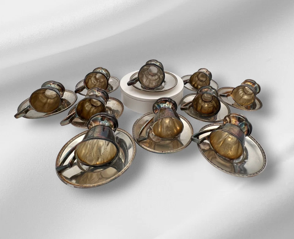Vintage Chippendale EPNS Silverplate Demitasse Cups & Saucers Set of 10 Pat.1914 - Image 4 of 4