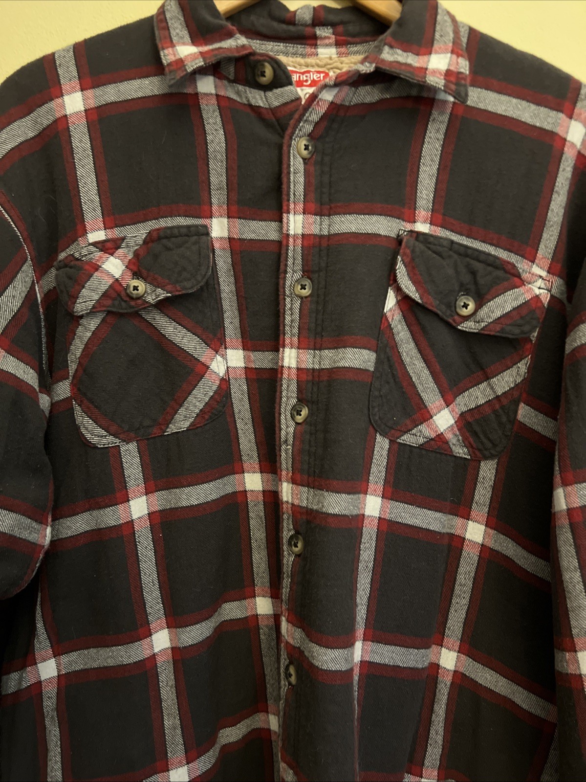 Wrangler Workwear Sherpa Fleece Lined Flannel Jacket Mens Lg Plaid Pockets