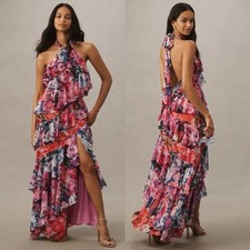 Anthropologie BHLDN Isabel Halter Ruffle Chiffon Maxi Dress Floral Pink Size M