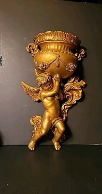 Vintage Florentine Style Ornate Gold Cherub Holds Up Roses Garland Wall Pocket