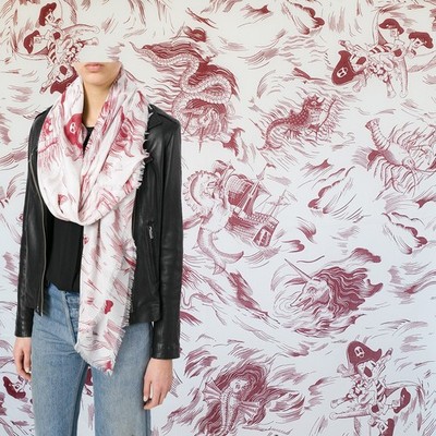 GUCCI SCARF 463508 DISNEY SEA STORM PRINT RED WHITE MODAL SILK SQUARE 55