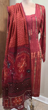 Pakistani 3PC Kameez Shalwar Dupatta Red Orange Women Size M Cotton / Silk