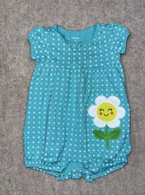 Carters Baby Girl 6 Months One Piece Romper Teal Polka Dots Flower 
