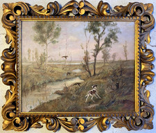 ANTICO DIPINTO OLIO G. Masseroni SCENA di CACCIA PAESAGGIO CAMPAGNA UCCELLI '900