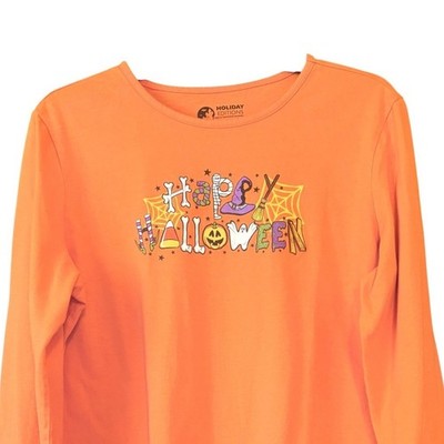 Holiday Editions Womens Long Sleeve Tee Shirt Large Orange Happy Halloween Ghost