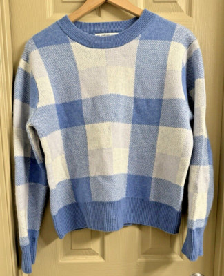 The Cashmere Project Women's Medium Blue and White Checkered Pullover Sweater