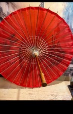 Vintage Asian Japanese Umbrella Parasol Lacquer Paper Bamboo Wood