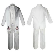 Baby Toddler Boy 1st Communion White Suit Silver Guadalupe Virgin Mary on Stole