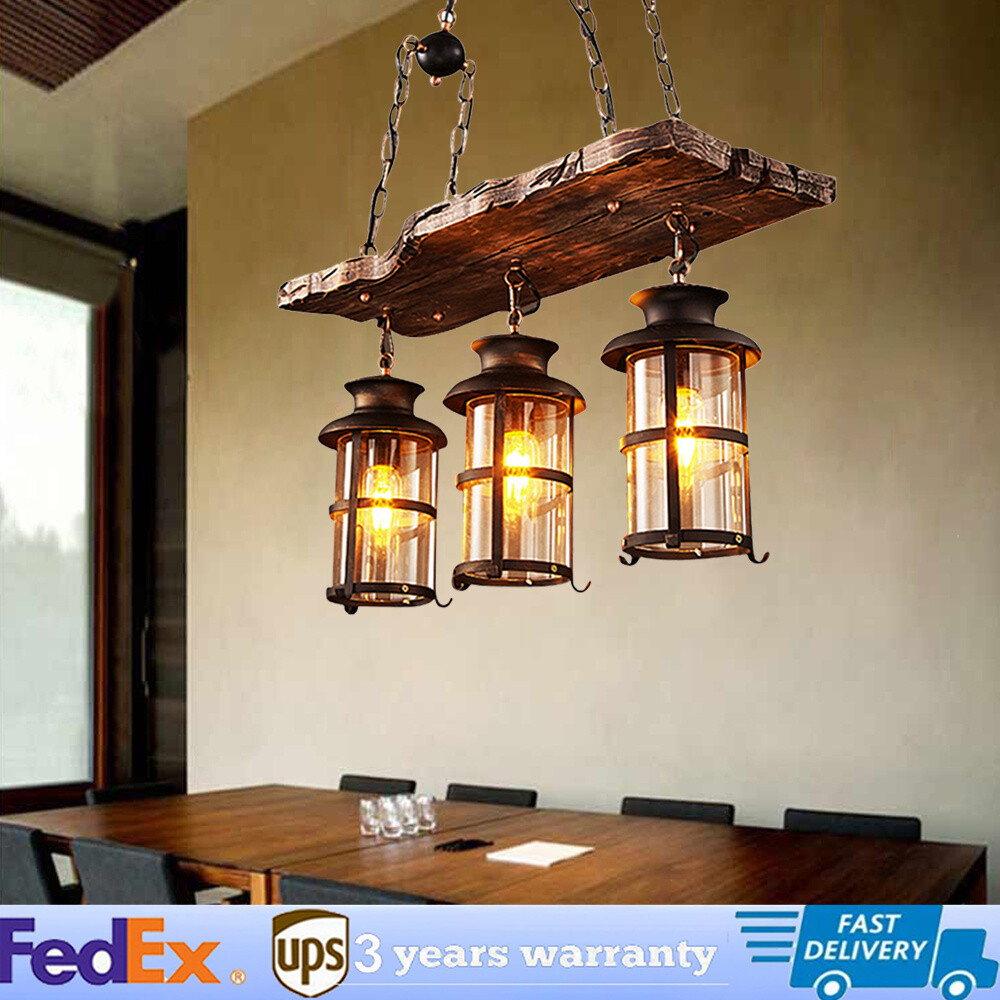 3-Light Farmhouse Loft Rustic Chandelier Wood Pendant Ceiling Light Fixture Lamp