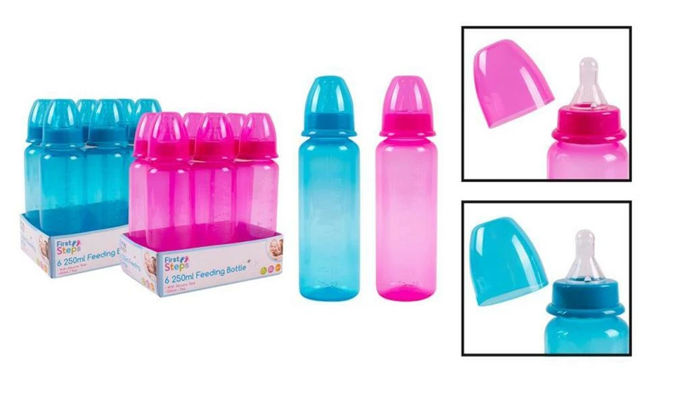 First Steps Pack of 6 250ml Baby Bottles Silicone Teat Perfect for New Borns