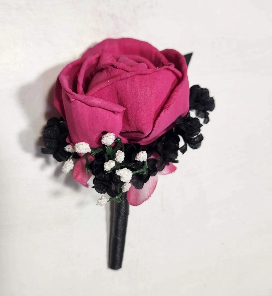 Fuchsia Pink Black Rose Calla Lily Bridal Wedding Bouquet Accessories - Image 3 of 4