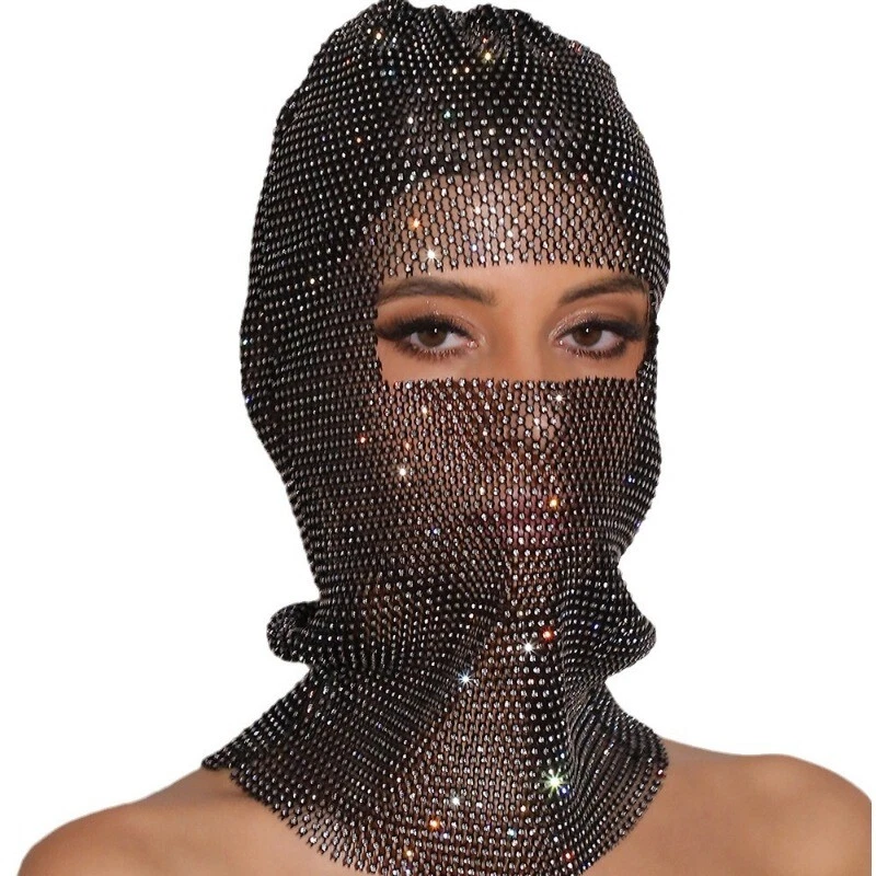 ladies Rhinestone Face Mask Balaclava Crystal Glitter Headwear Party Mesh - Image 3 of 4