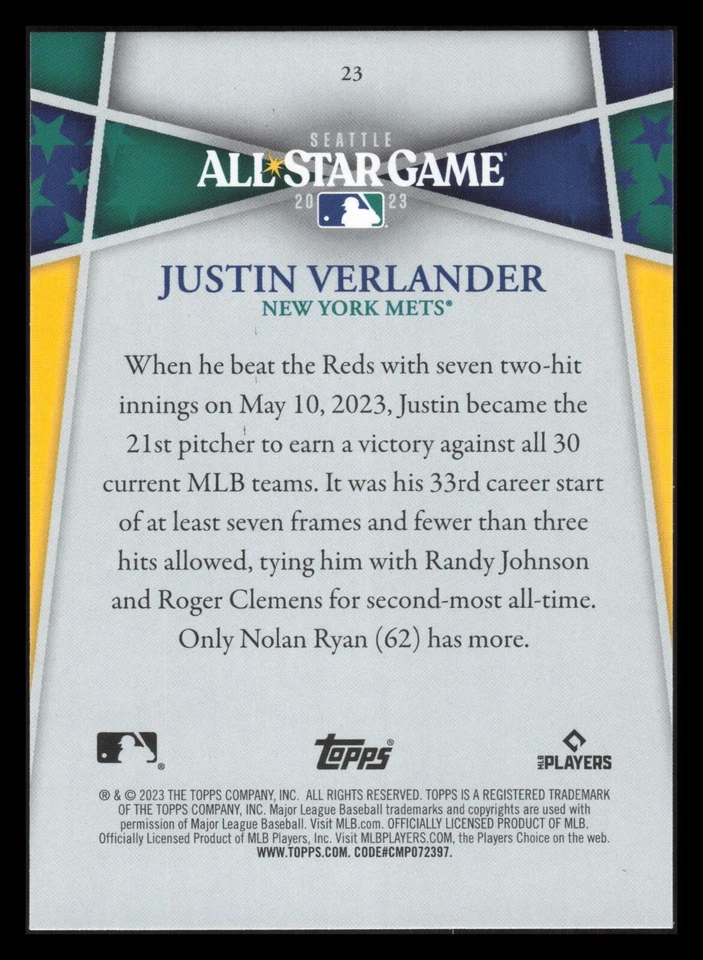 JUSTIN VERLANDER 2023 Topps All Star Game #23 New York Mets - Image 2 of 2