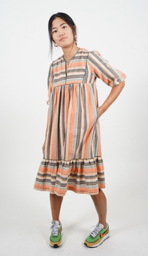 Saint Geraldine Polly Jean Midi Dress Stripes Pockets Flounce Hem Multicolor M