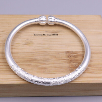 Solid 999 Fine Silver Bracelet Women Lucky Pattern Open Cuff Bangle 2.28'' W