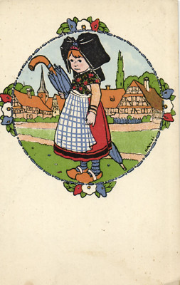 PC CPA HANSI, ARTIST SIGNED, LITTLE GIRL WITH BIG UMBRELLA (b8080)