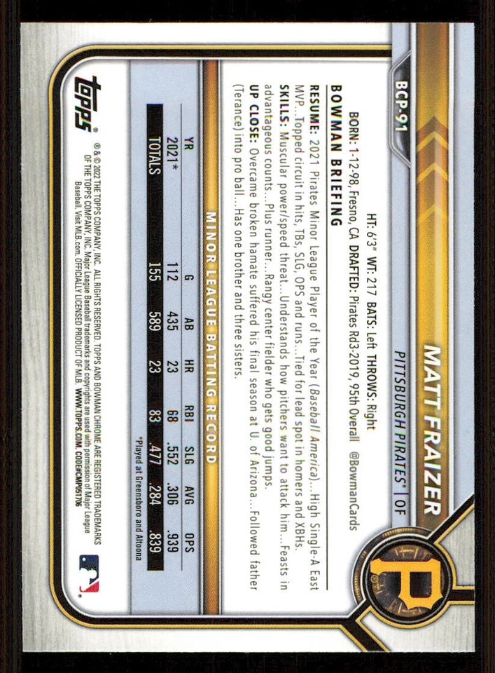 2022 Bowman Chrome Prospects #BCP91 Matt Fraizer - Image 2 of 2