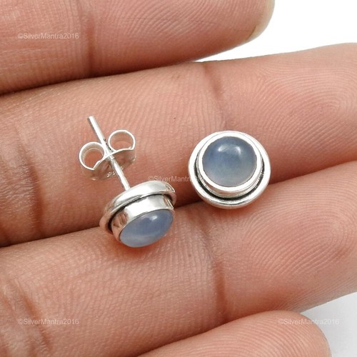 Round Chalcedony Stone Butterfly Wife Stud Bezel Artisan Earrings Solid Silver