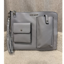 Steve Madden Gray Pebbled Clutch Wrist Strap Zip Snap Closure Outer Pockets