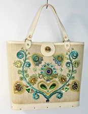 1960s Enid Collins Jewel Garden Canvas Tote Handbag