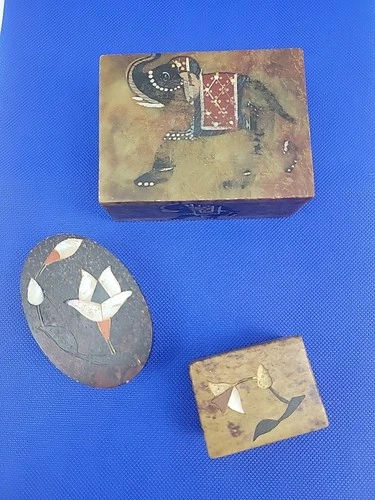 VTG Lot Of 3  Trinket Boxes Hand Carved Marble Soapstone 