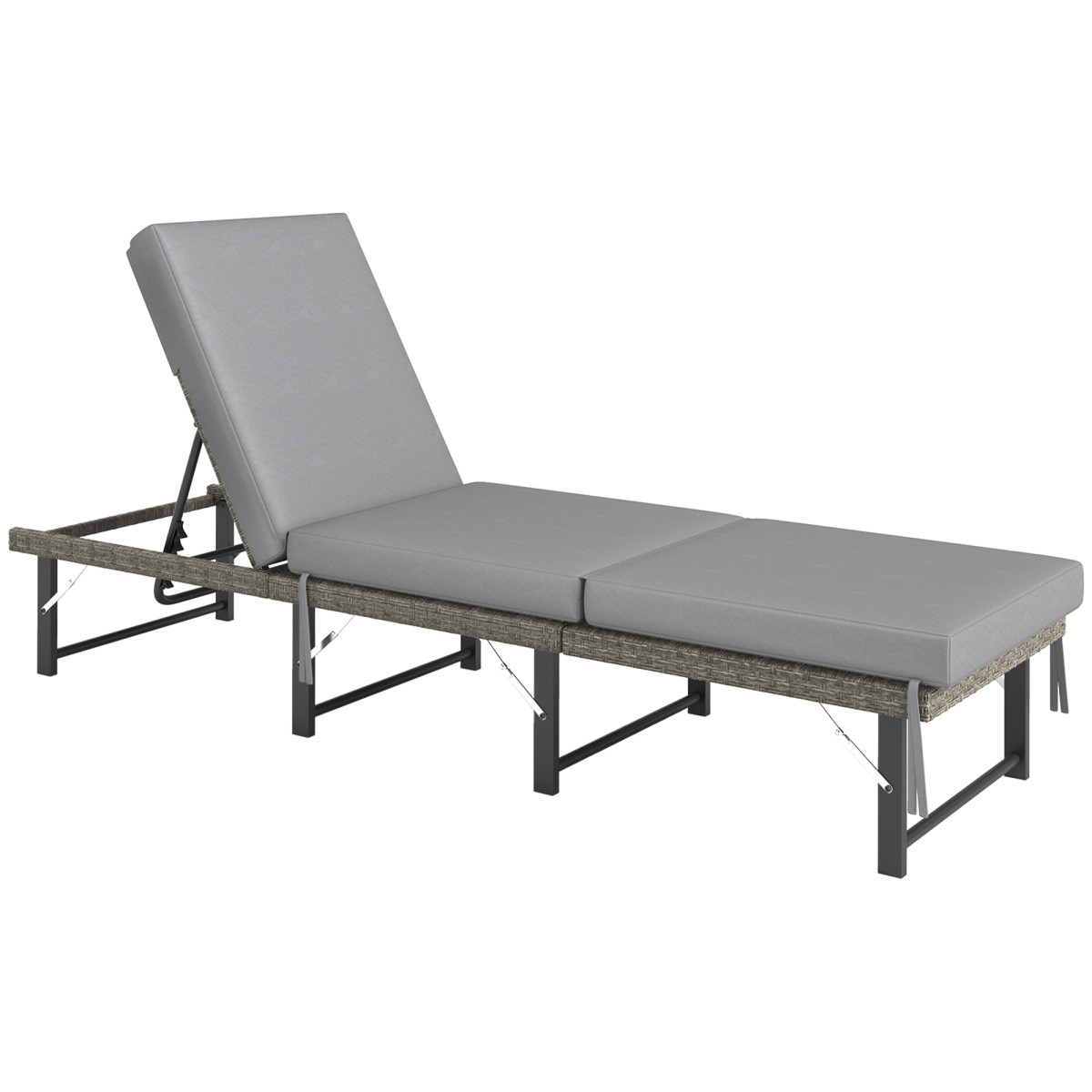 Outsunny Folding Rattan Sun Lounger with Adjustable Back Cushion -  Grey