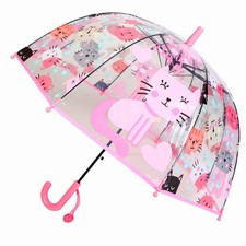 Kids Cat Clear Bubble Umbrella, Toddler Grip Curved Handle Stick Rain Umbrell...