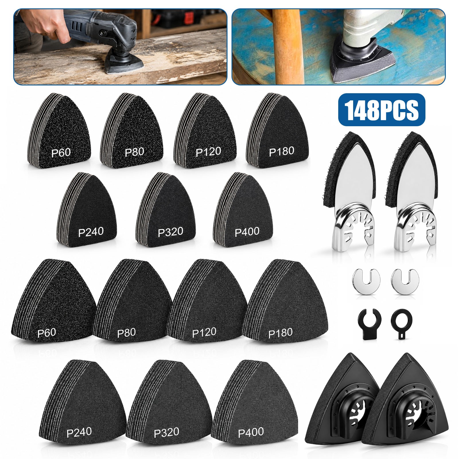 148x Oscillating Multi Tool Sanding Pad Kit Triangle Detail Sandpaper 60-400Grit