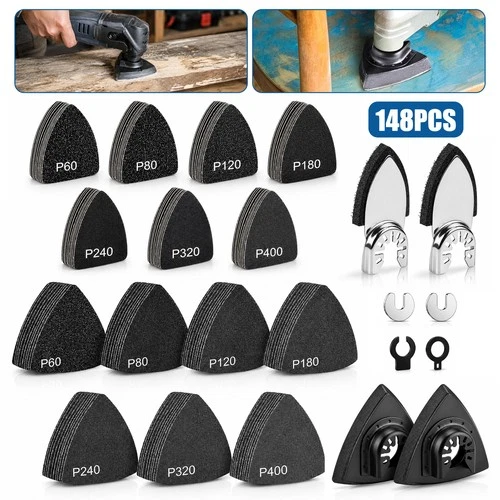 148x Oscillating Multi Tool Sanding Pad Kit Triangle Detail Sandpaper 60-400Grit