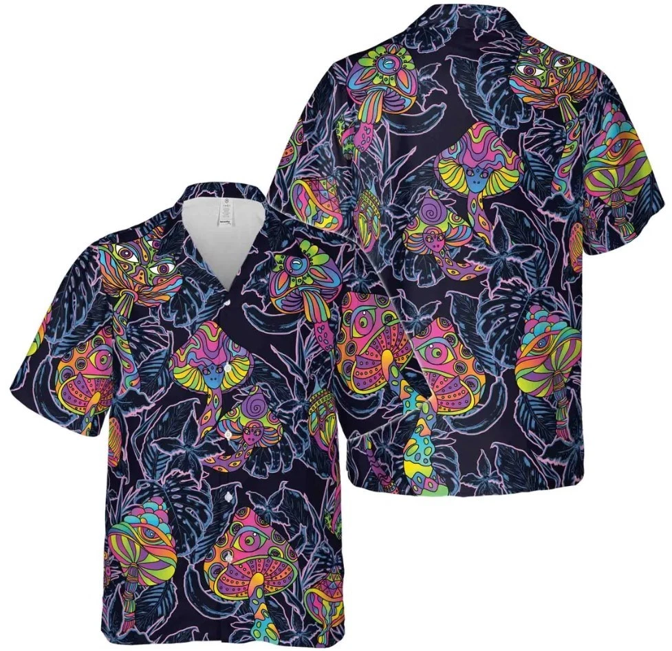 Neon Trippy Mushroom Tropical Jungle Hawaiian Shirt S-5XL